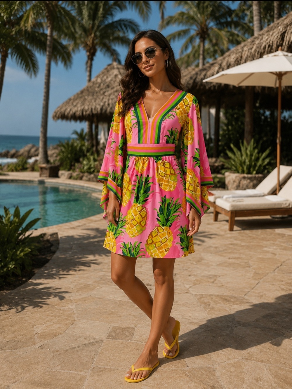 Trina Turk Pink Pineapple Print V-Neck Flare Sleeve Women’s Resort Dress Size 4